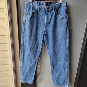 Men’s Rustler Blue Jeans 34 X 29 Medium Wash Logo Cotton Rise 11" IN RN 130273